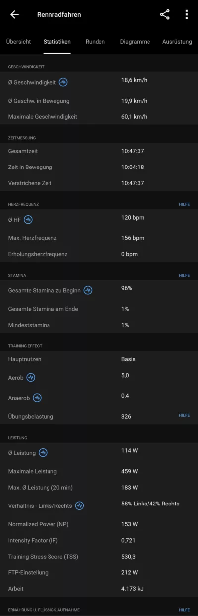 Screenshot Statistiken in Garmin Connect
